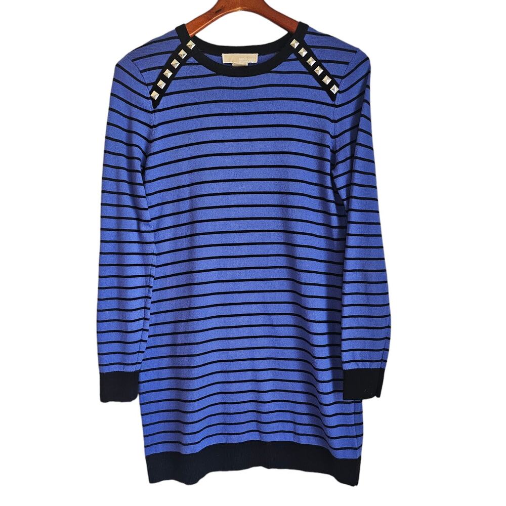 MICHAEL Michael Kors Royal Blue Striped Sweater Dress with Silver Metallic Studs